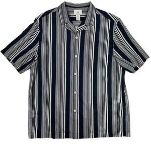 H&M Mens Medium Striped Shirt Navy White Short Sleeve Button Up Cotton